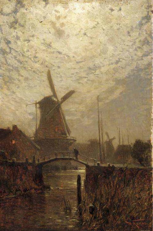A figure crossing a bridge over a Dutch waterway by moonlight, Walter Moras
